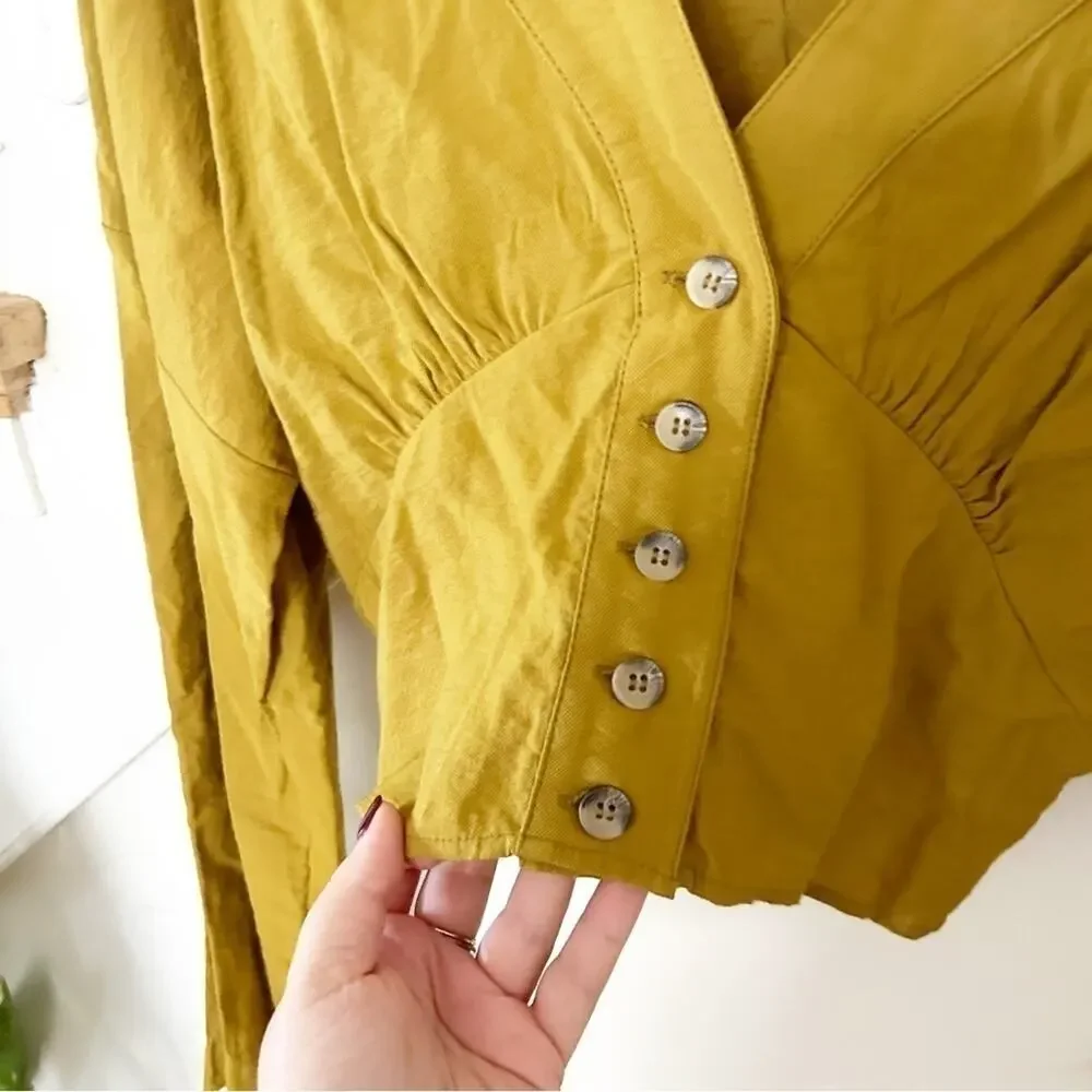 Free People Mustard Yellow Long Sleeve Smocked Forever Yours Cropped Top Size S
